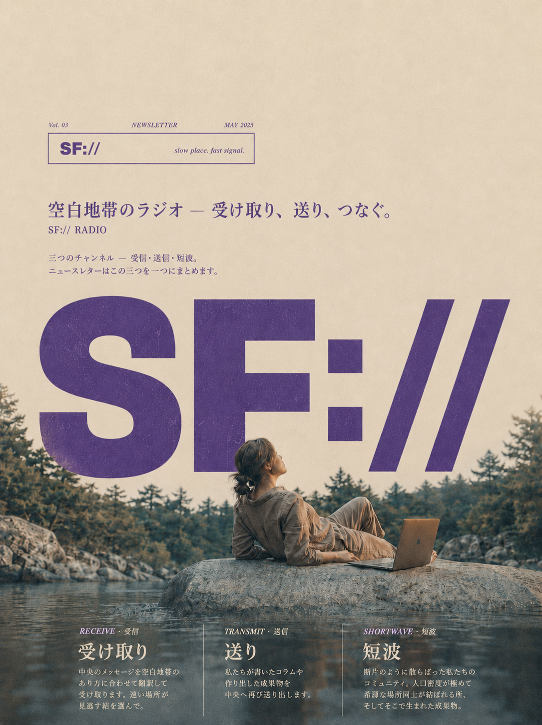 SF:// 一面 — 空白地帯のラジオ。受け取り、送り、つなぐ。三つのチャンネル: 受信・送信・短波。